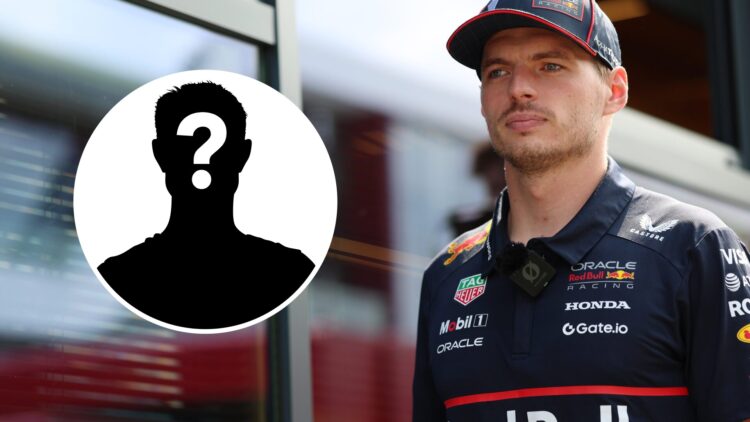 Max Verstappen of Red Bull walks in the F1 paddock; inset of a mystery driver