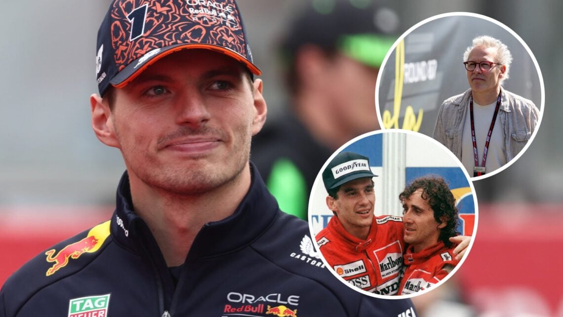Red Bull driver Max Verstappen on the grid before the 2025 F1 Belgian Grand Prix with insets of Ayrton Senna and Alain Prost on the 1988 Australian...