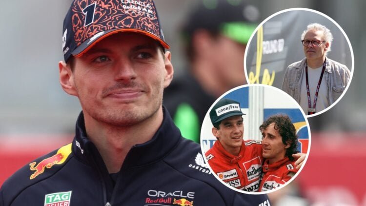 Red Bull driver Max Verstappen on the grid before the 2025 F1 Belgian Grand Prix with insets of Ayrton Senna and Alain Prost on the 1988 Australian...