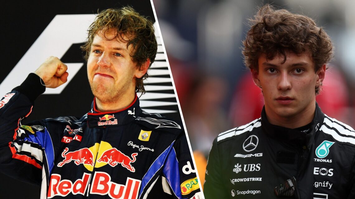 Split image of former Red Bull driver Sebastian Vettel (L) and Mercedes driver Kimi Antonelli (R)
