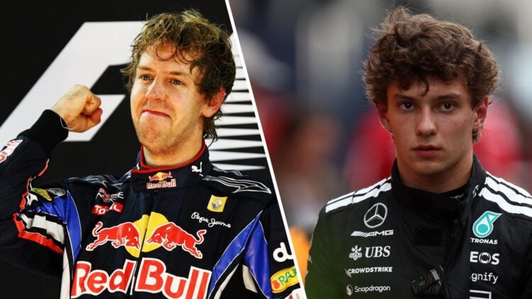 Split image of former Red Bull driver Sebastian Vettel (L) and Mercedes driver Kimi Antonelli (R)