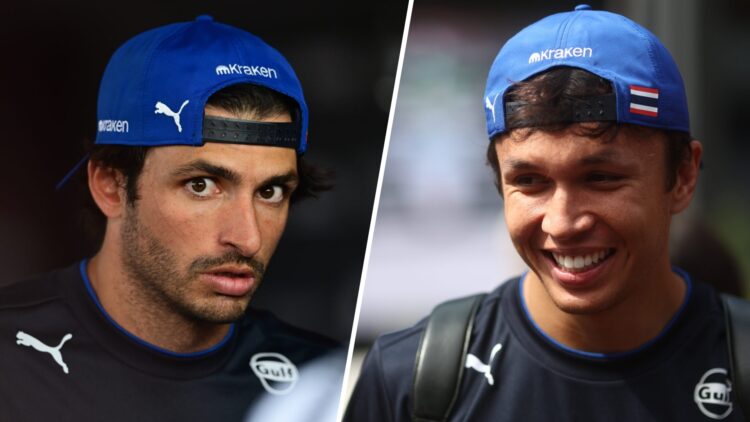 Williams driver Carlos Sainz speaks to the media at the 2025 F1 Hungarian Grand Prix and Alex Albon in the paddock