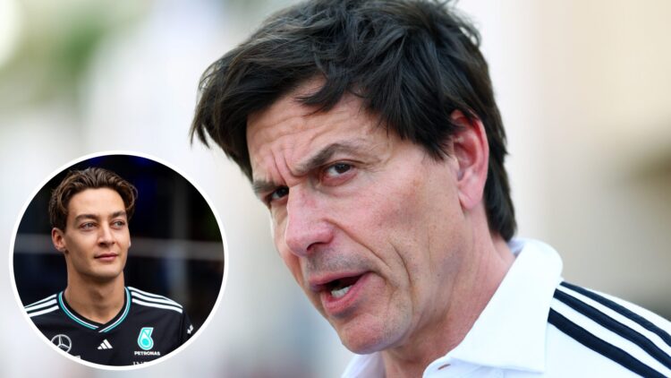 Mercedes boss Toto Wolff during the 2025 Bahrain Grand Prix, inset George Russell