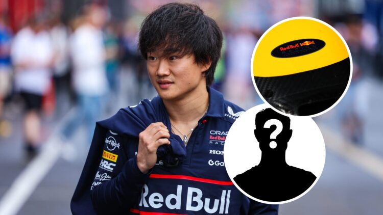 Red Bull Racing driver Yuki Tsunoda at the Hungarian Grand Prix, inset, mystery figure and the Red Bull Racing badge