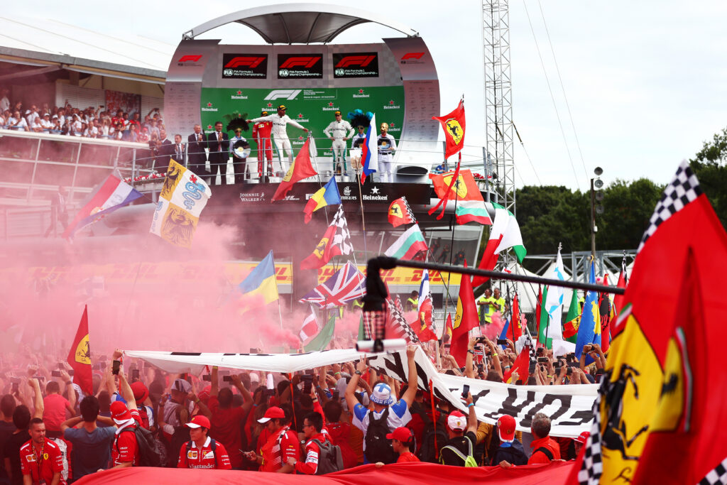 Lewis Hamilton celebrates winning the 2018 Italian Grand Prix for Mercedes on the Monza podium