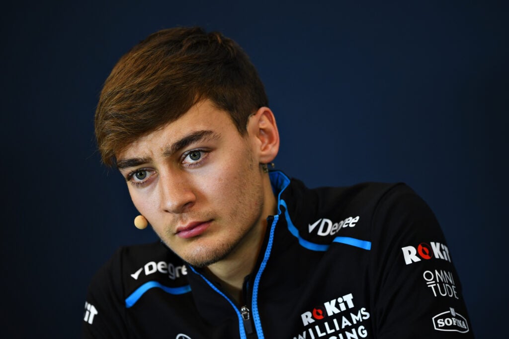 Williams driver George Russell sitting in a press conference at the 2019 Formula 1 United States Grand Prix