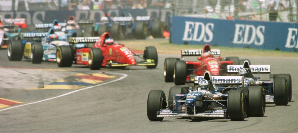 Williams driver David Coulthard leads teammate Damon Hill at the start of the 1995 Formula 1 Australian Grand Prix
