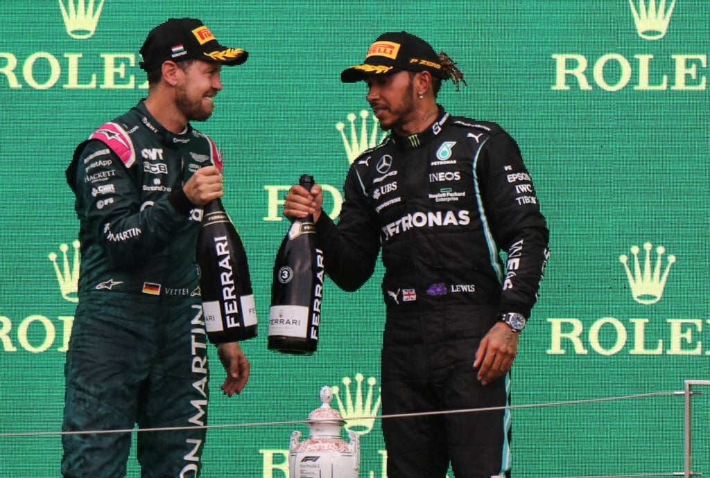 Sebastian Vettel and Lewis Hamilton on the podium together at the Hungarian Grand Prix