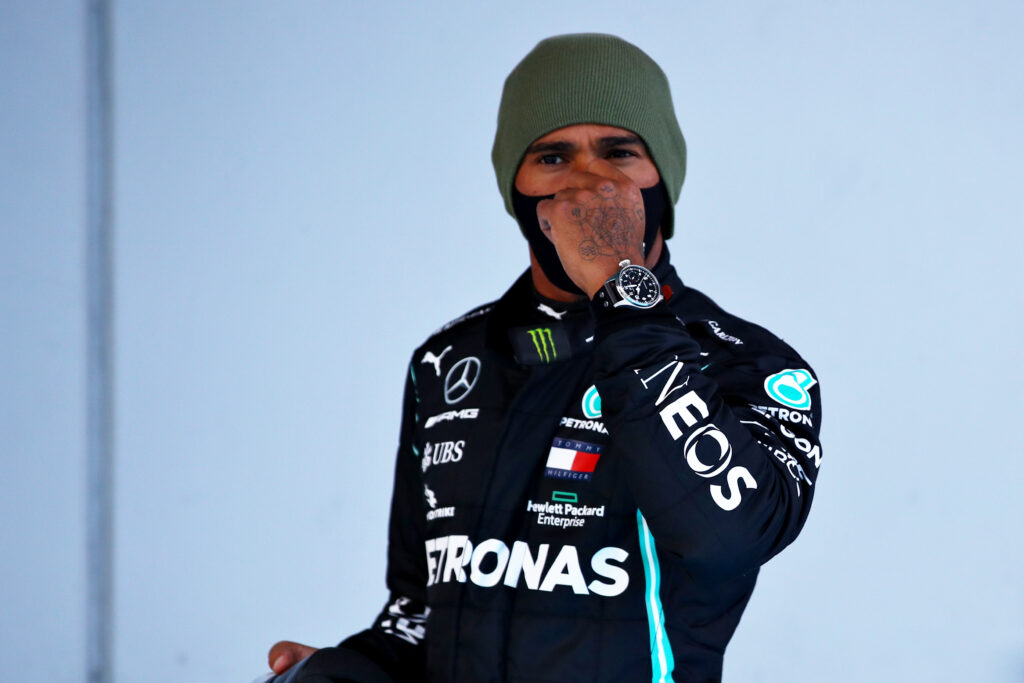 Lewis Hamilton of Mercedes reacts after qualifying for the 2020 F1 Eifel Grand Prix at the Nurburgring