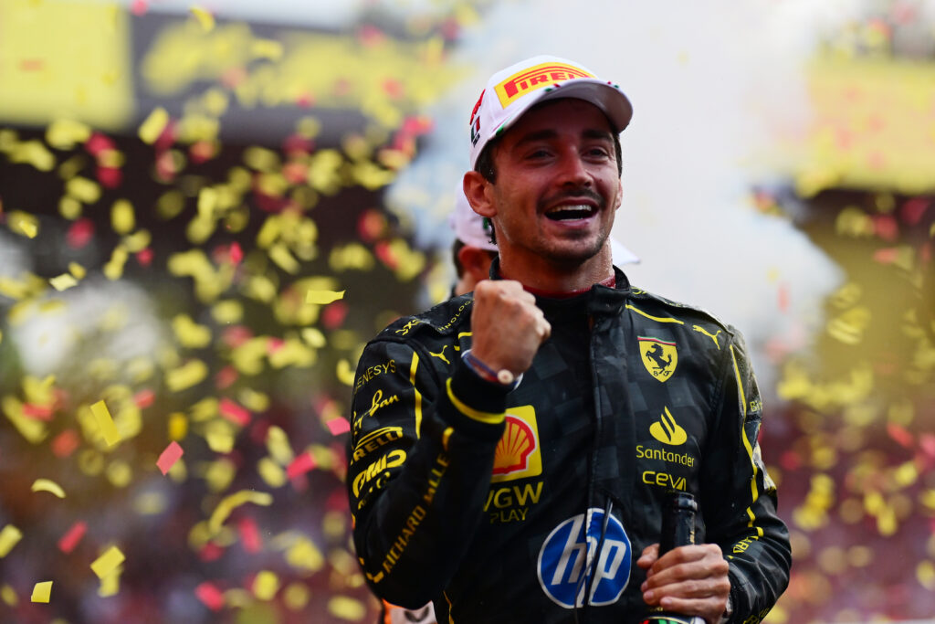 Ferrari driver Charles Leclerc celebrates winning the 2024 F1 Italian Grand Prix at Monza