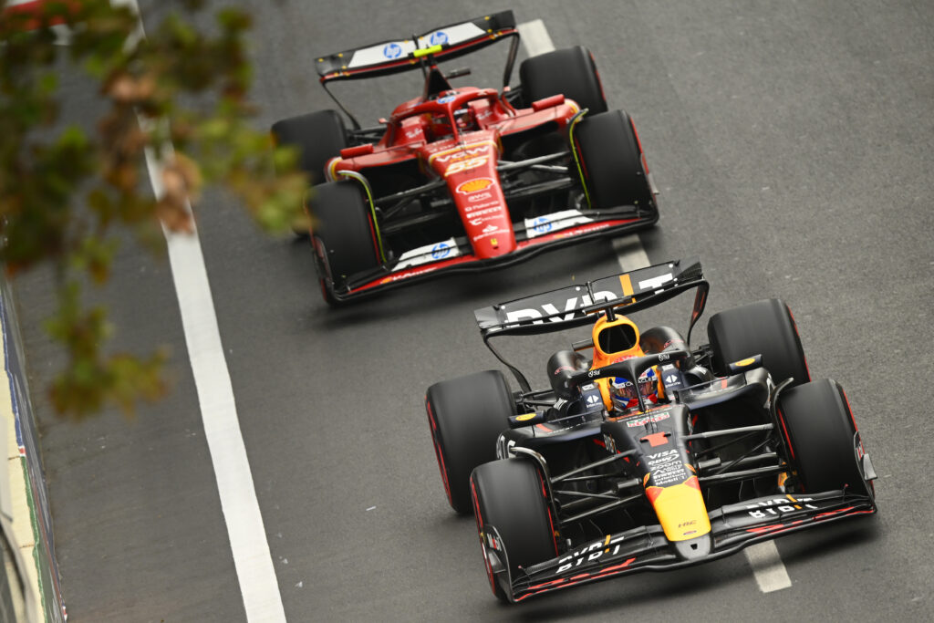 Max Verstappen's Red Bull leads the Ferrari of Carlos Sainz at the Azerbaijan Grand Prix