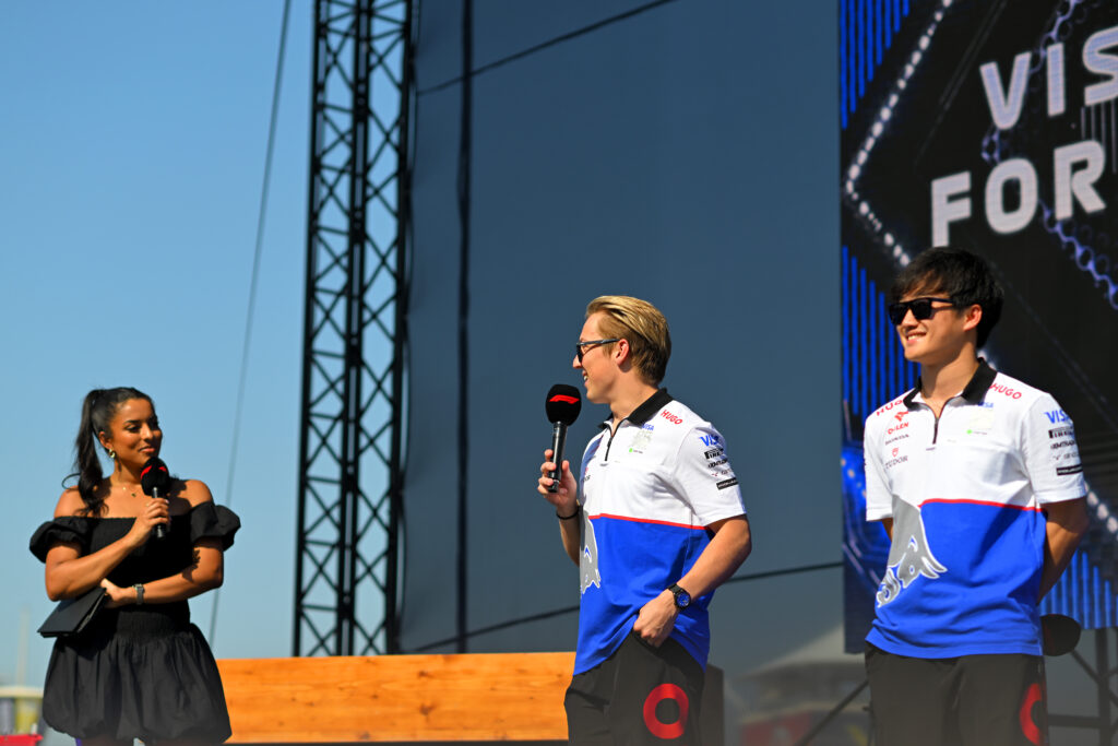 Yuki Tsunoda and Liam Lawson appear at the Abu Dhabi Grand Prix fan zone for Racing Bulls
