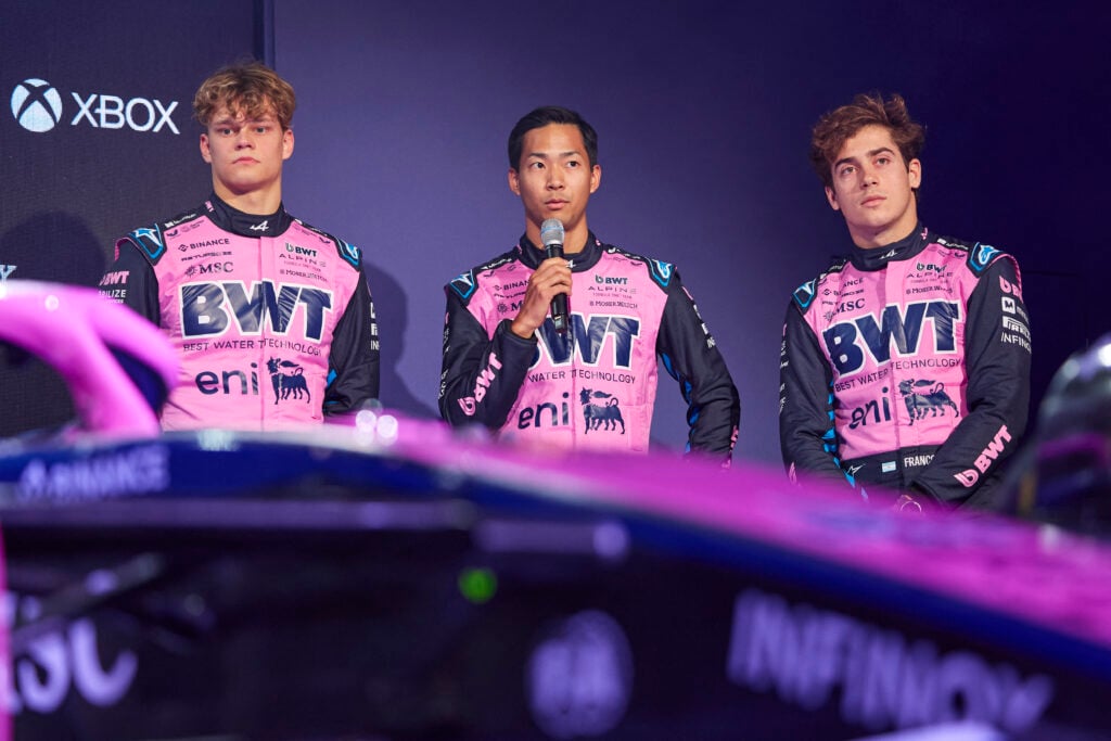 Alpine drivers Paul Aron, Ryo Hirakawa and Franco Colapinto during a media session before the launch of their 2025 Formula 1 car