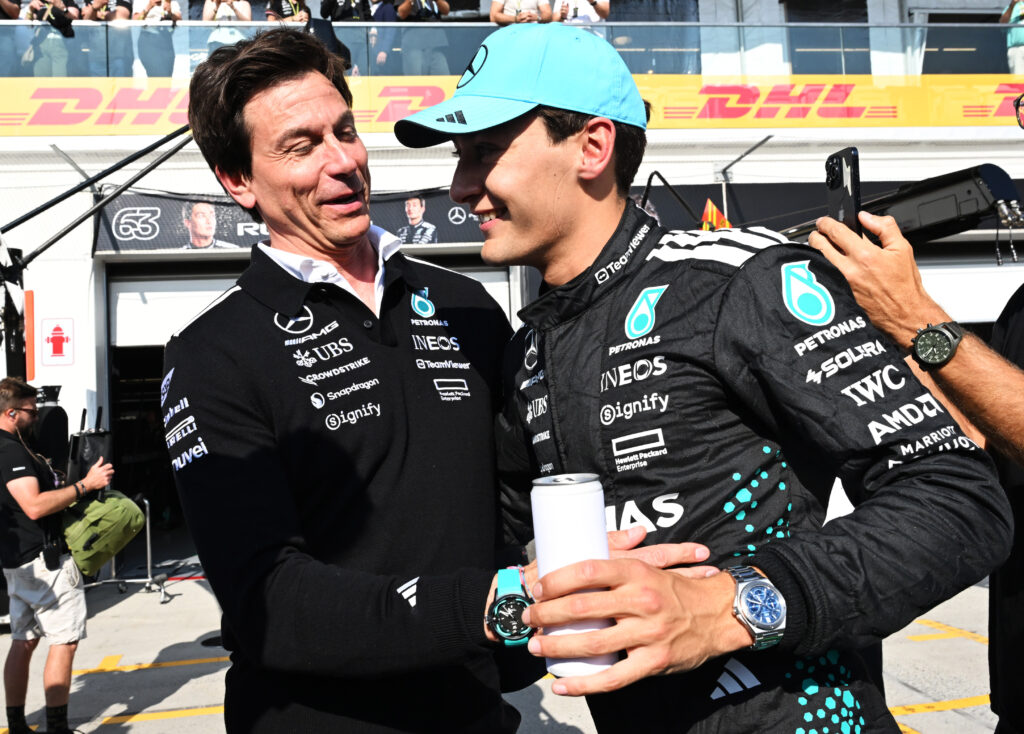 Mercedes team principal Toto Wolff and driver George Russell at the 2025 Formula 1 Canadian Grand Prix