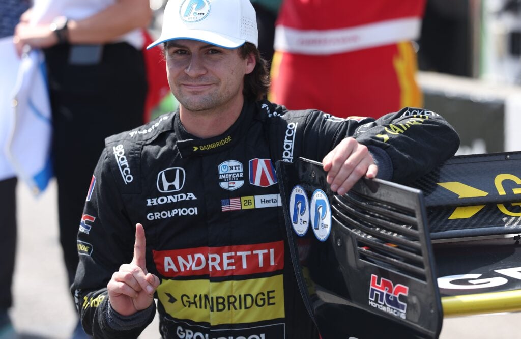 Andretti driver Colton Herta celebrates scoring pole position for the 2025 IndyCar Grand Prix of Toronto