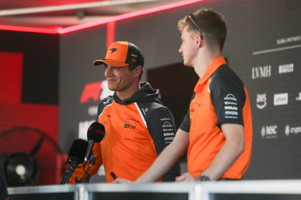 McLaren driver Lando Norris speaking to journalists on media day ahead of the 2025 Formula 1 Hungarian Grand Prix