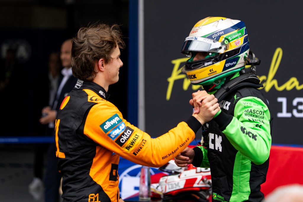 McLaren driver Oscar Piastri shaking hands with Sauber driver Gabriel Bortoleto after the 2025 Formula 1 Belgian Grand Prix