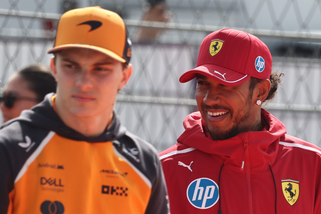 McLaren's Oscar Piastri and Ferrari's Lewis Hamilton on the grid before the 2025 F1 Dutch Grand Prix
