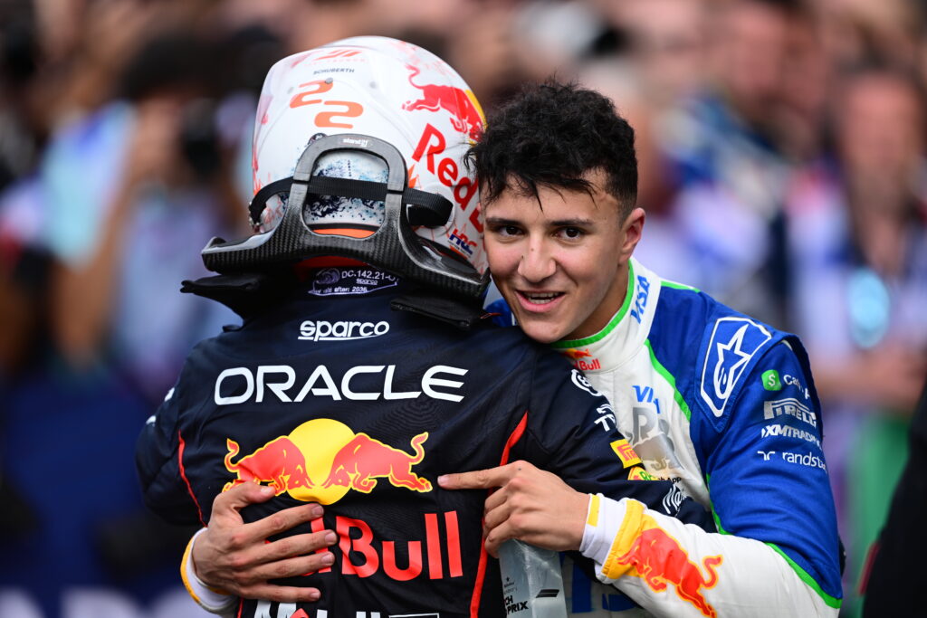 Red Bull Racing driver Yuki Tsunoda hugging Racing Bulls driver Isack Hadjar at the Formula 1 Dutch Grand Prix