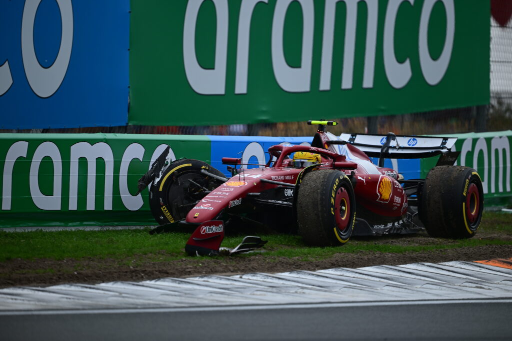 Ferrari driver Lewis Hamilton crashes out of the 2025 F1 Dutch Grand Prix