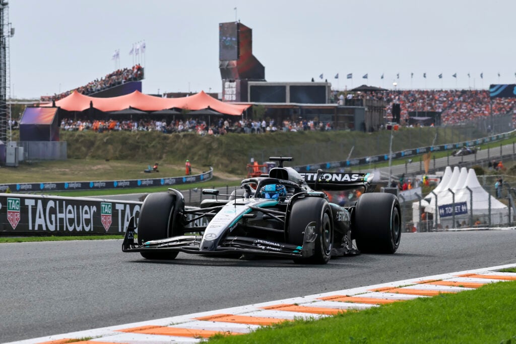 Mercedes driver George Russell on track during the 2025 F1 Dutch Grand Prix