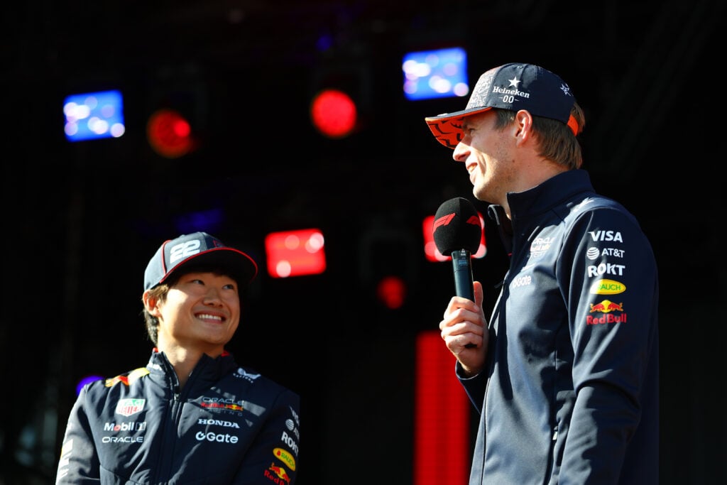 Red Bull drivers Yuki Tsunoda and Max Verstappen at the 2025 Formula 1 Dutch Grand Prix