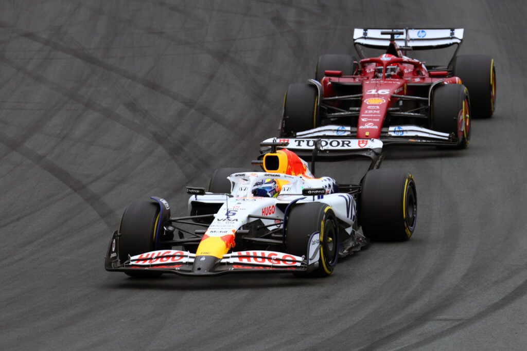 Isack Hadjar leads Charles Leclerc at the 2025 Dutch GP.