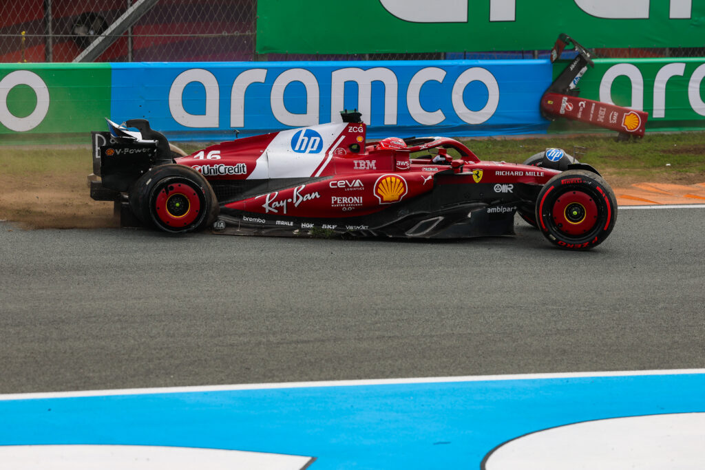 Ferrari driver Charles Leclerc hitting the barrier after contact with Mercedes driver Andrea Kimi Antonelli in the 2025 Formula 1 Dutch Grand Prix