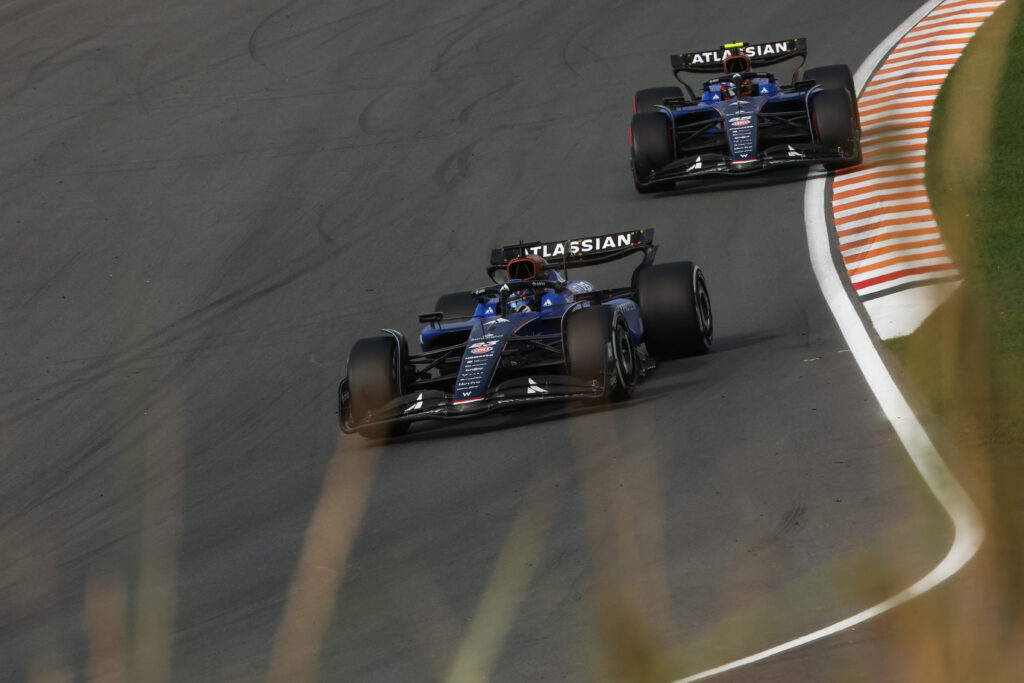 Williams drivers Carlos Sainz and Alex Albon on track during the 2025 F1 Dutch Grand Prix