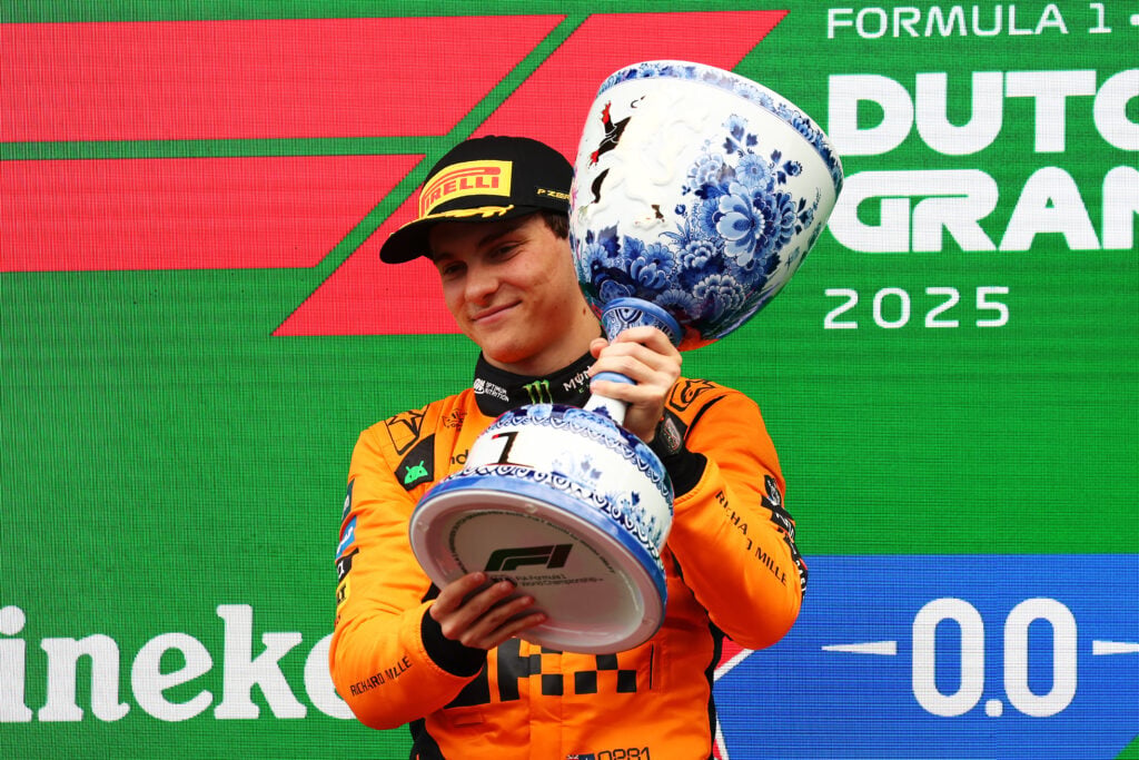 Oscar Piastri of McLaren celebrates winning the 2025 Dutch Grand Prix on the Zandvoort podium