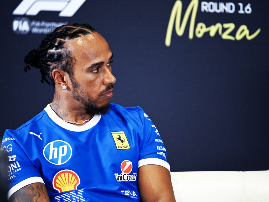 Ferrari driver Lewis Hamilton in the pre-race Monza press conference at the 2025 F1 Italian Grand Prix