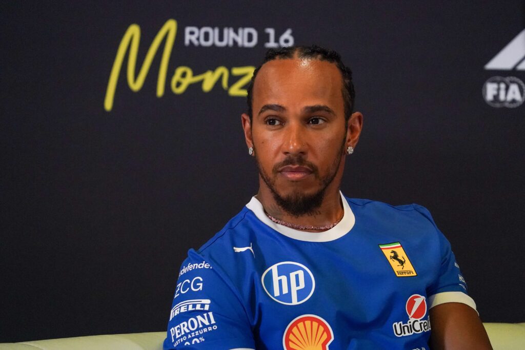 Ferrari driver Lewis Hamilton in the pre-race Monza press conference at the 2025 F1 Italian Grand Prix