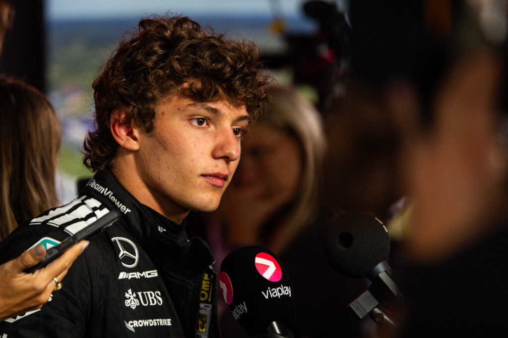 Mercedes driver Andrea Kimi Antonelli being interviewed at the 2025 Formula 1 Dutch Grand Prix
