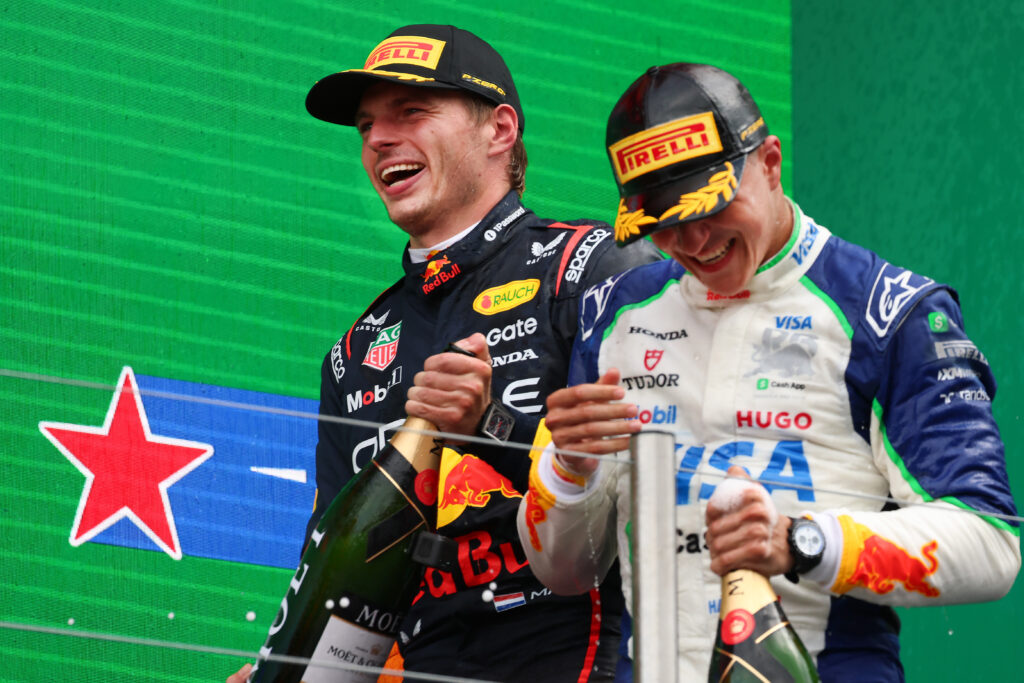 Red Bull driver Max Verstappen and Racing Bulls driver Isack Hadjar on the podium at the 2025 Formula 1 Azerbaijan Grand Prix