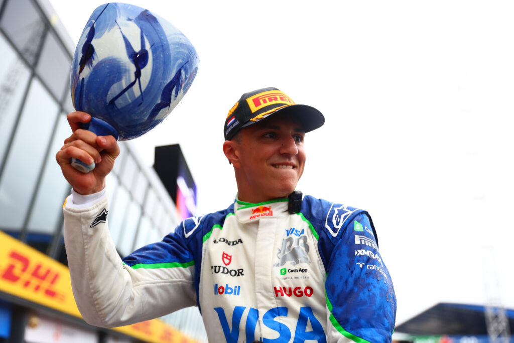 Racing Bulls driver Isack Hadjar celebrates his first F1 podium after the 2025 Dutch Grand Prix