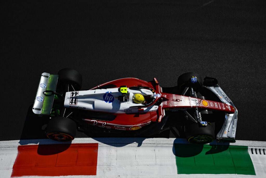 Ferrari driver Lewis Hamilton on track during practice for the 2025 F1 Italian Grand Prix at Monza