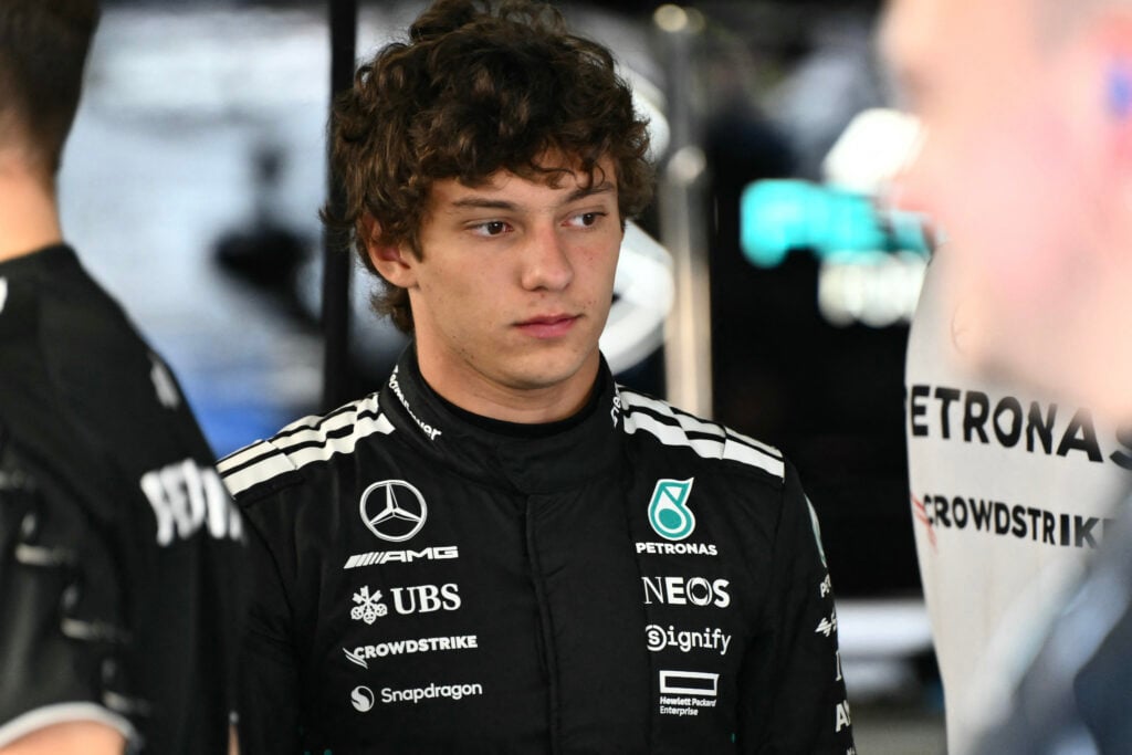 Andrea Kimi Antonelli looks at his car in the garage during practice for the 2025 Formula 1 Italian Grand Prix