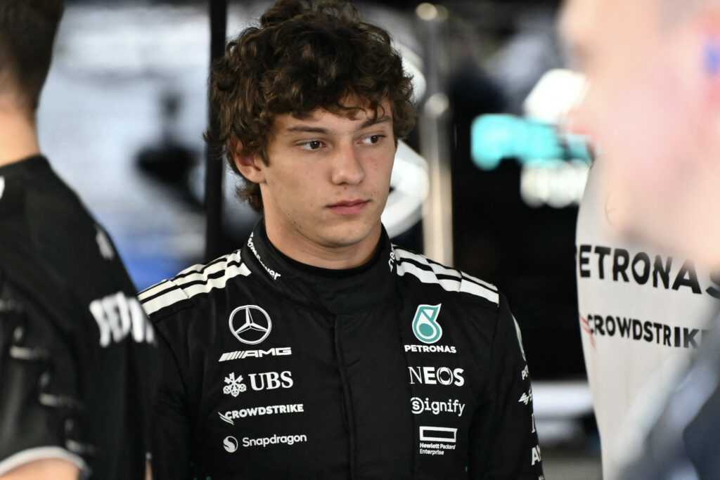 Andrea Kimi Antonelli in the Mercedes garage at the 2025 F1 Italian Grand Prix at Monza