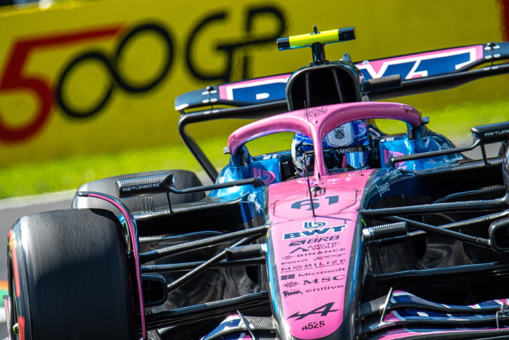 Alpine reserve driver Paul Aron driving in FP1 at the 2025 Formula 1 Italian Grand Prix