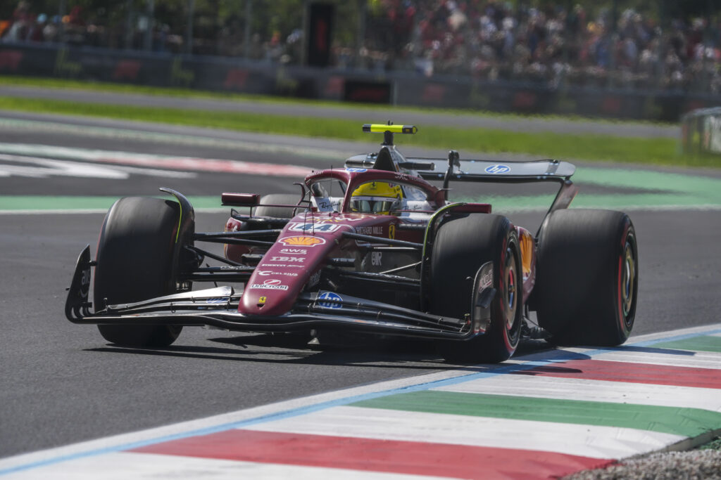 Ferrari driver Lewis Hamilton on track during practice for the 2025 F1 Italian Grand Prix at Monza