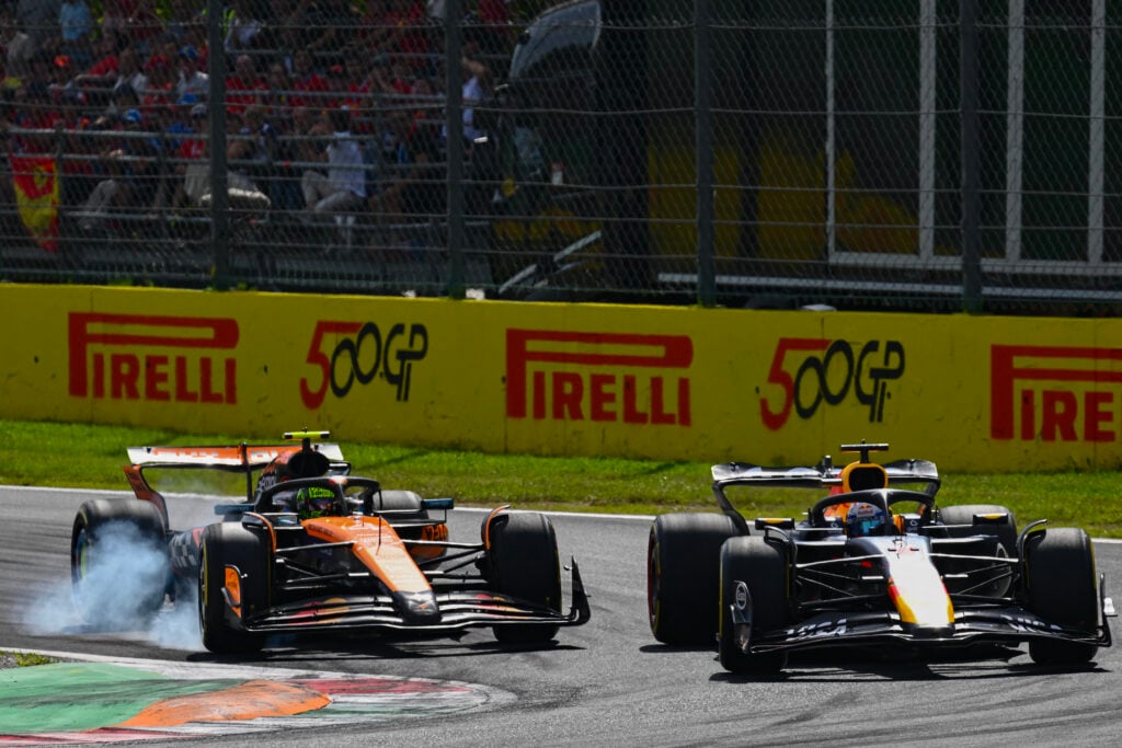 McLaren driver Lando Norris locking up in his battle with Red Bull driver Max Verstappen at the 2025 Formula 1 Italian Grand Prix