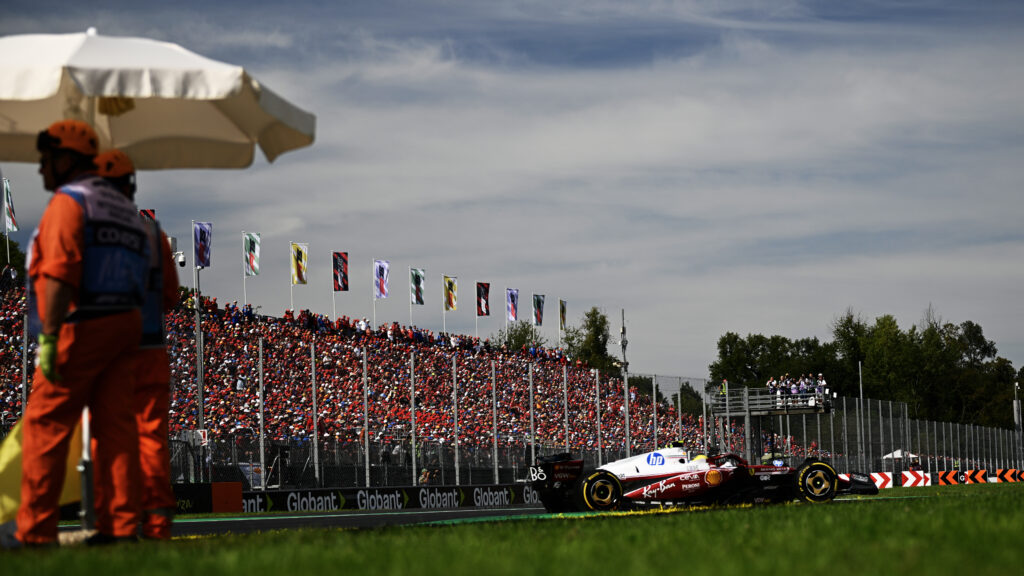 Ferrari driver Lewis Hamilton goes through Monza's first chicane during the 2025 F1 Italian Grand Prix