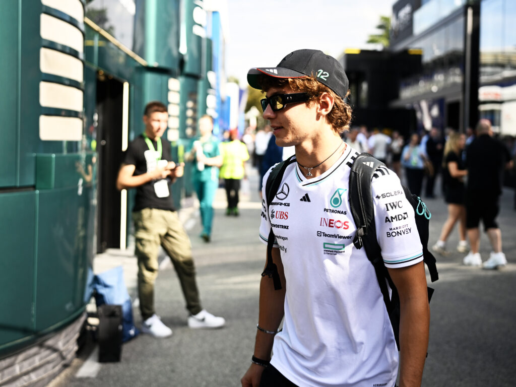 Mercedes driver Andrea Kimi Antonelli smiling in the paddock at the 2025 Formula 1 Italian Grand Prix