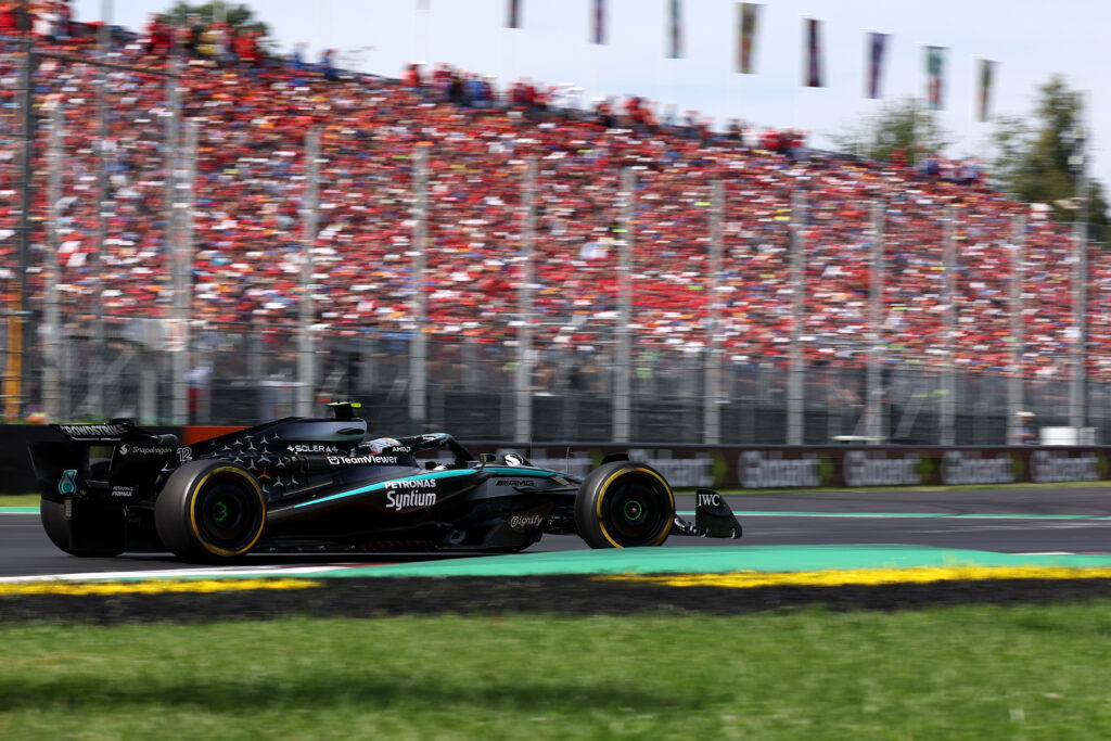 Andrea Kimi Antonelli of Mercedes takes Monza's Rettifilo Chicane during the 2025 F1 Italian Grand Prix
