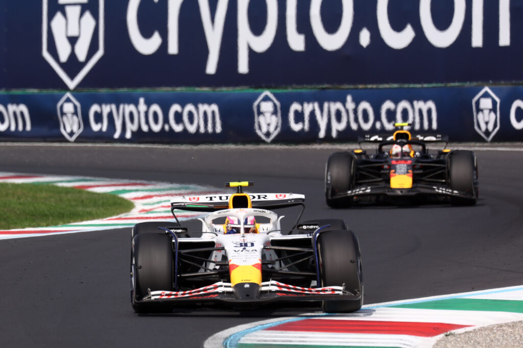 Racing Bulls driver Liam Lawson leading Red Bull driver Yuki Tsunoda through a chicane at the 2025 Formula 1 Italian Grand Prix