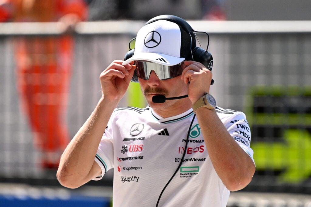 Mercedes reserve driver Valtteri Bottas looks on during practice for the 2025 F1 Italian Grand Prix at Monza