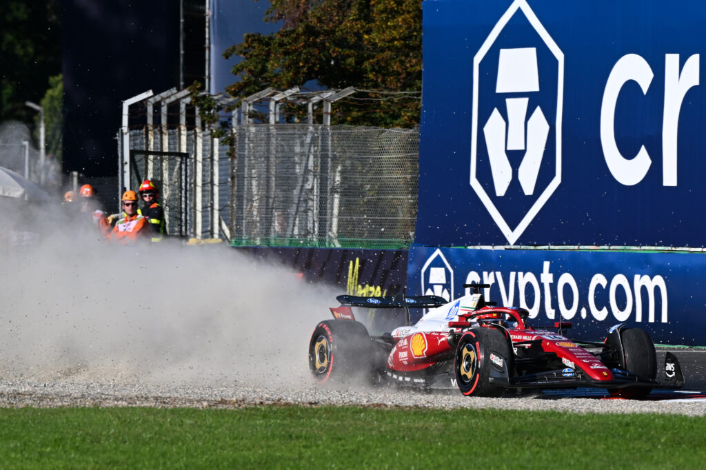Ferrari driver Charles Leclerc runs through the gravel trap at Ascari during FP2 for the 2025 F1 Italian Grand Prix at Monza