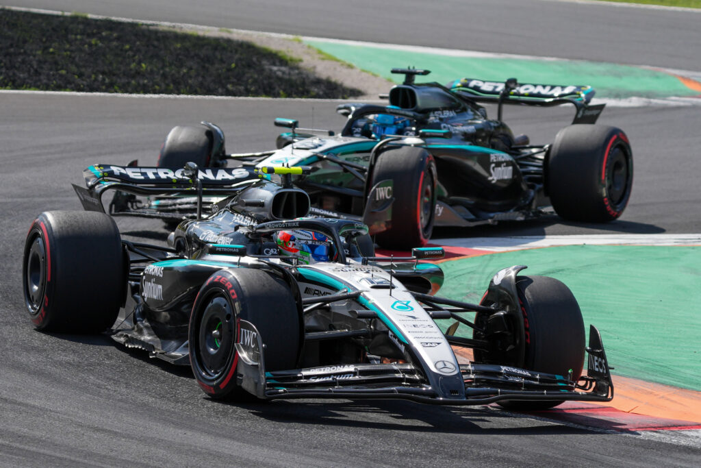 Mercedes driver Andrea Kimi Antonelli leads Mercedes teammate George Russell through a chicane during free practice at the 2025 Formula 1 Italian Grand Prix