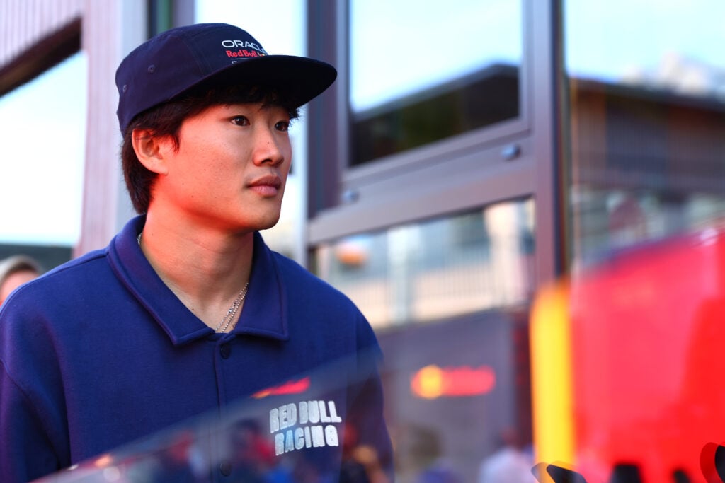 Yuki Tsunoda enters the Red Bull hospitality building