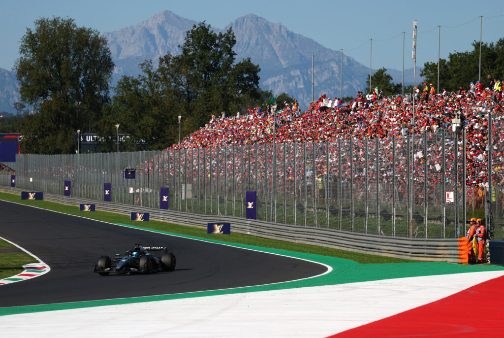 Mercedes driver George Russell on track during qualifying at Monza for the 2025 F1 Italian Grand Prix